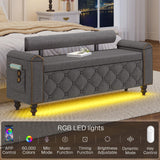 51" Ottoman with Storage, Storage Ottoman Bench with Upholstered Backrest, Tufted Entryway Bench with Curved Arm Support, End of Bed Bench with LED Lights,Storage Bench for Bedroom,Living Room,Grey Tagafi