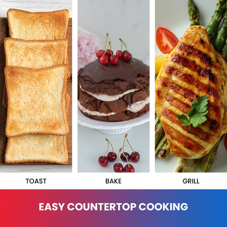 Total Chef Toaster Oven 4 Slice Small Compact Kitchen Appliance Pizza Bake Toast Rost Broil Bread Toaster Auto Shutoff timer Crumble Tray Natural Convection Countertop Black Stainless Steel Koolatron
