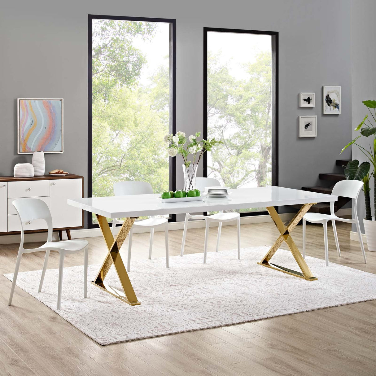 Modway Sector 87" Modern Dining Table with Gold Stainless Steel Metal X-Base in White Gold Modway