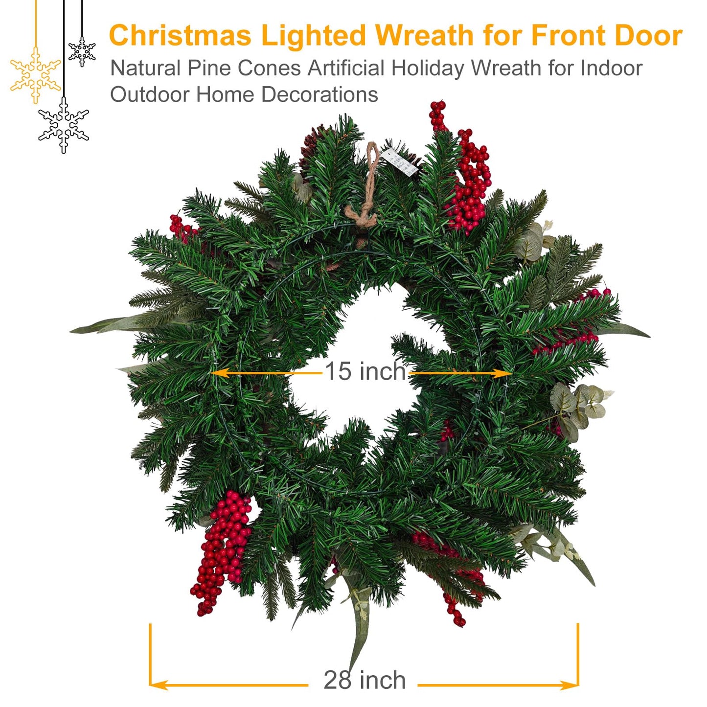 28’’ Pre-Lit Artificial Christmas Wreath, Battery Operated 35 LED Lights with Leaves, Red Berries, Natural Pine Cones, and a Linen Bow for Front Door, Xmas Wreath for Holiday Christmas Decorations