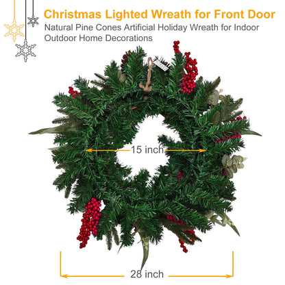 28’’ Pre-Lit Artificial Christmas Wreath, Battery Operated 35 LED Lights with Leaves, Red Berries, Natural Pine Cones, and a Linen Bow for Front Door, Xmas Wreath for Holiday Christmas Decorations