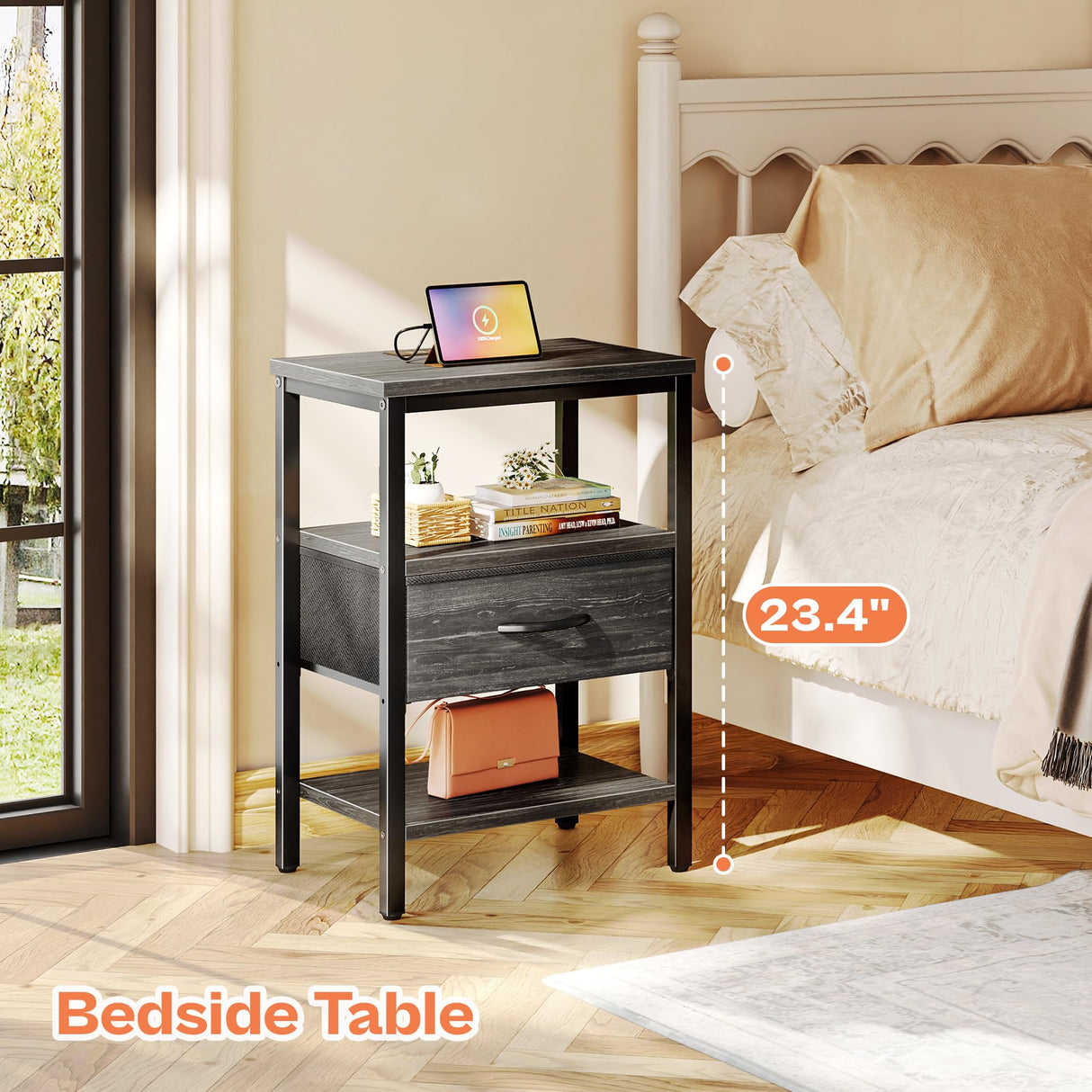 SUPERJARE Nightstand with Charging Station, Bed Side Table with Adjustable Fabric Drawer, Night Stand for Bedroom, 3-Tier Storage End Table, for Living Room, Charcoal Black Wood Grain Print SUPERJARE