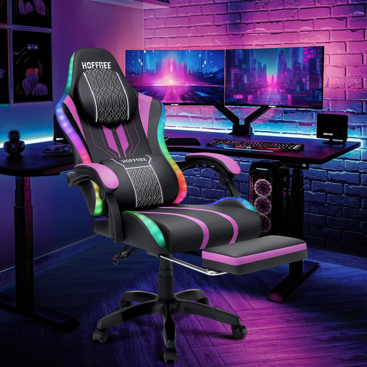 HOFFREE Led Gaming Chair Massage with Speakers Big and Tall Video Game Chair with Footrest for 400lbs Reclining High Back Computer Desk Chair Purple and Black HOFFREE