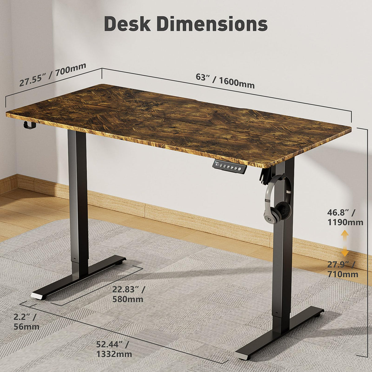 VVENACE 63 Inch Electric Standing Desk Adjustable Height with Wheels,Sit Stand Up Desk,Home Office Desk,Computer Workstation Desk,Gaming Desk,Rolling Desk,Work Desk (Spliced Desktop,Rustic Brown) VVENACE