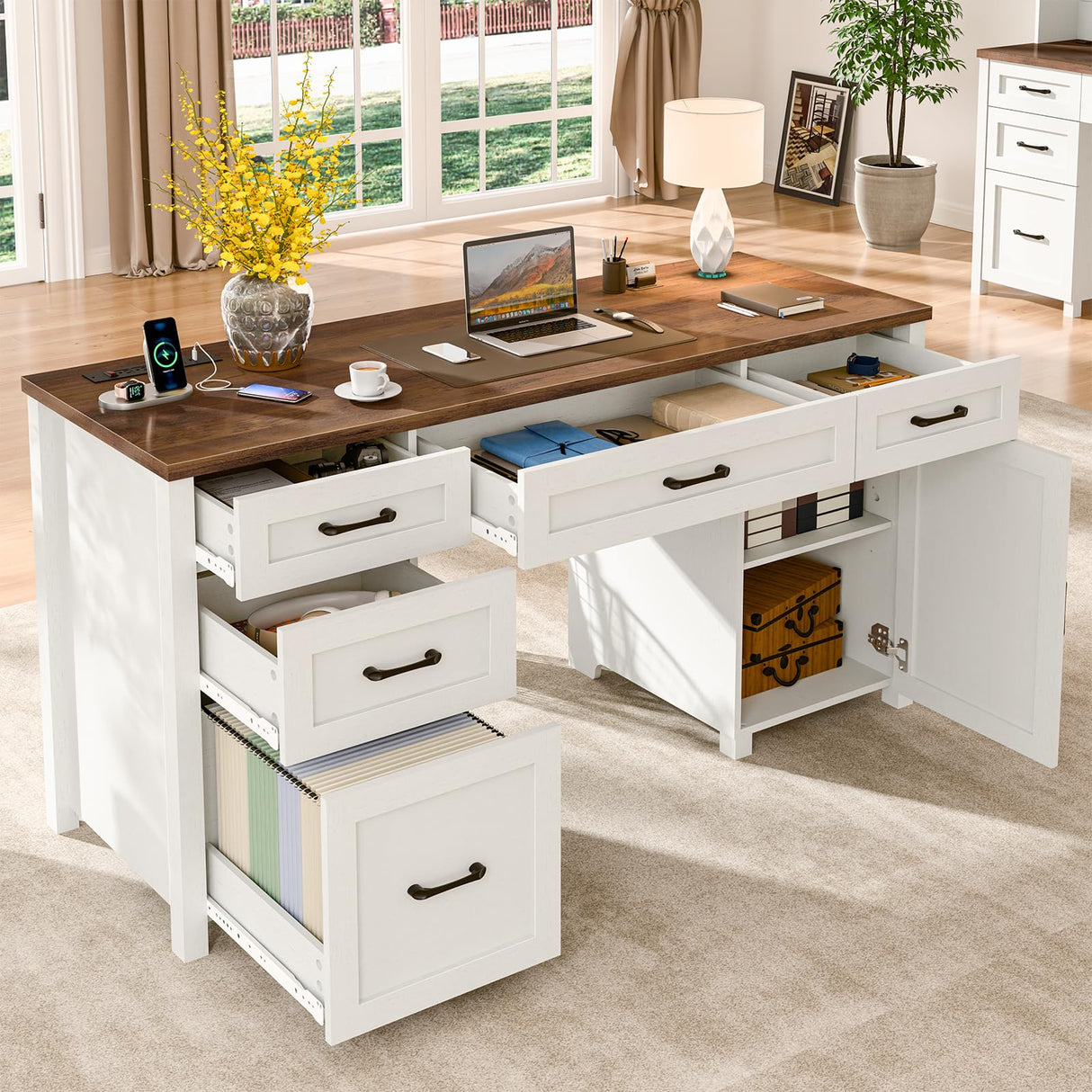 Farmhouse 61'' Executive Desk with 5 Drawers, Rustic Office Desk Computer Desk with Charging Station, File Drawers and Storage Cabinet, Wood Workstation for Home Office and Study, Unique White Halitaa