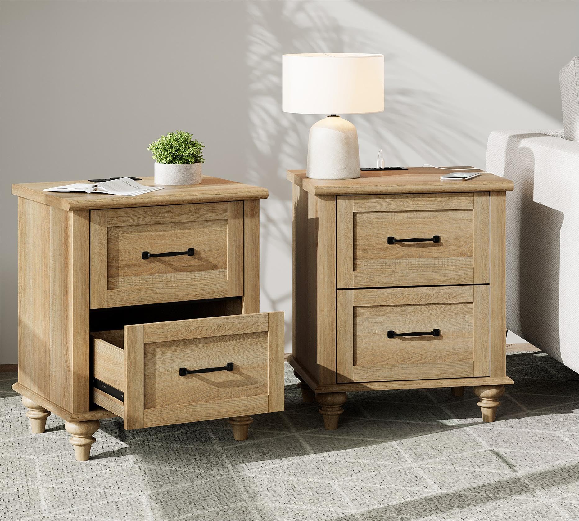 WAMPAT Nightstands with Charging Station Set of 2, 20 Inch Night Stand with 2 Drawers, Wooden Rustic Bedside Table End Tables with Solid Wood Legs for Bedroom & Living Room, Natural Oak - WoodArtSupply