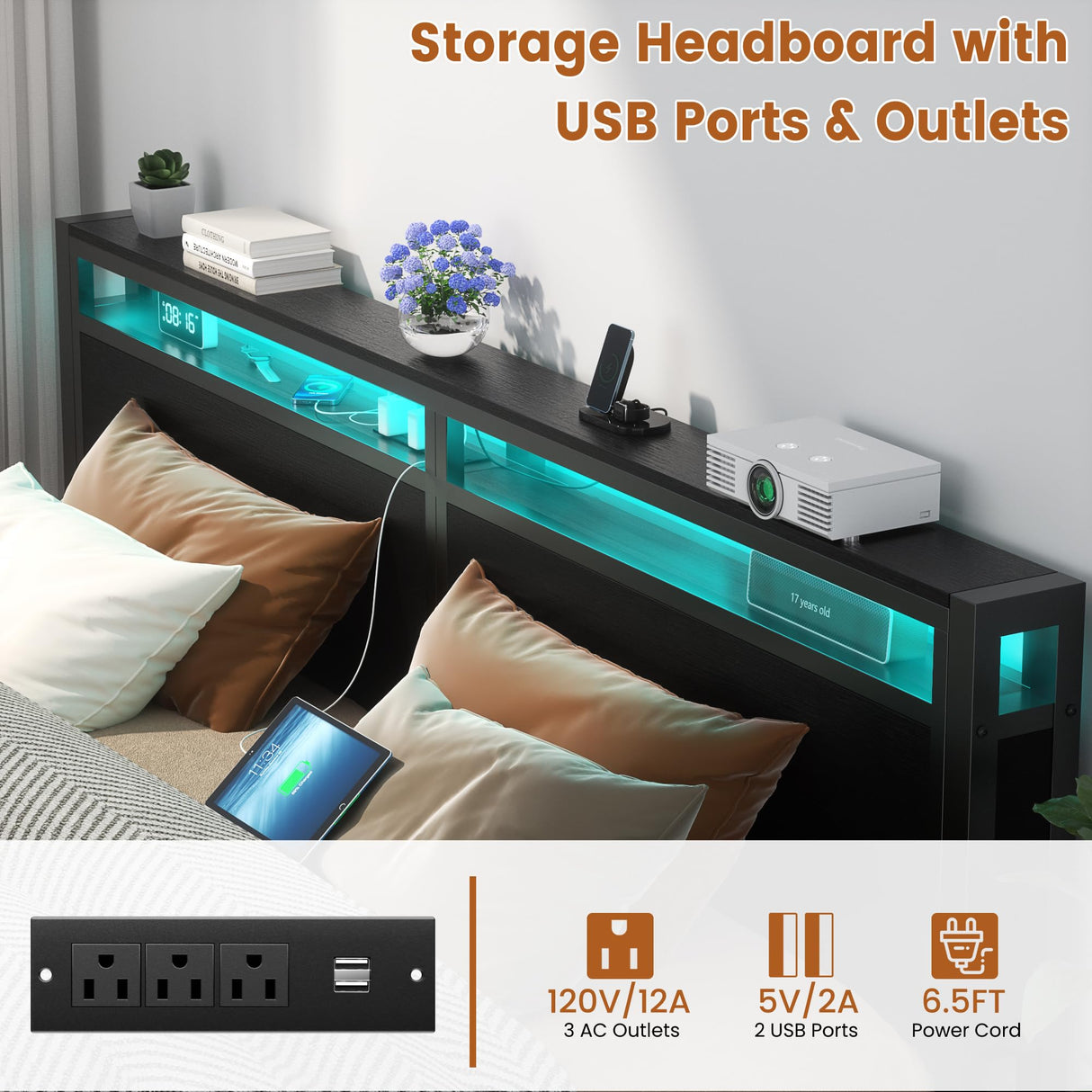 Homieasy Industrial King Size Bed Frame with Smart Charging Station and LED Lights Homieasy