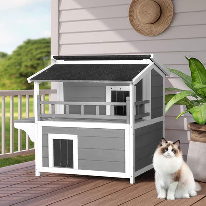 Oakcloud Outdoor Cat House Shelter Weatherproof, 2-Story Feral Cat Patio with Clamshell Asphalt Roof and Door with PVC Curtain, Wooden Cat Condos Provide All-Season Protection