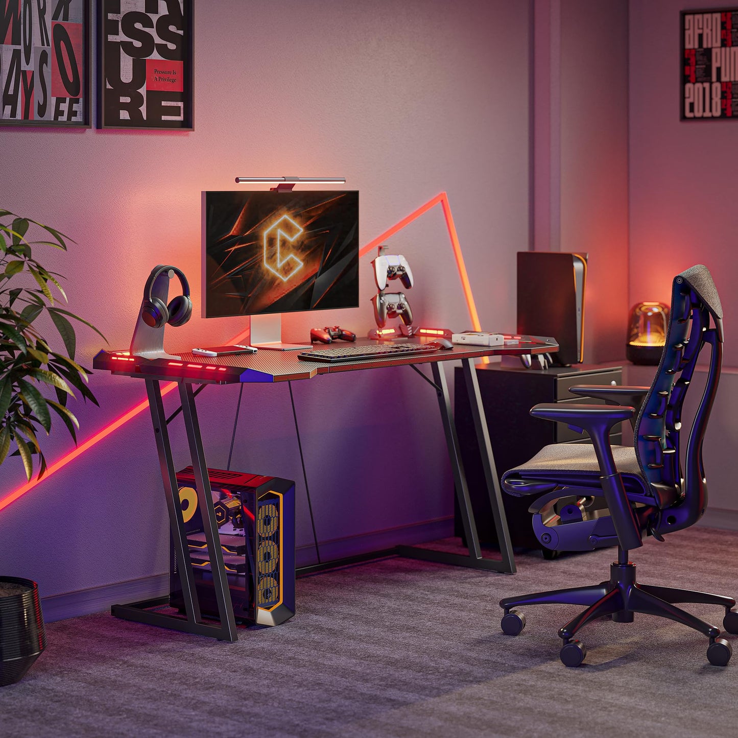 CubiCubi Gaming Desk with LED Lights, 47 Inch Z Shaped Gamer Desk, Home Game Computer Desk with Carbon Fiber Surface, Ergonomic Office PC Workstation with Cable Management, Black - WoodArtSupply