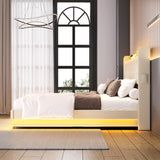 Ailisite Beige Upholstered Queen Bed Frame with LED Lights, Wingback Headboard, and Storage Solution Ailisite