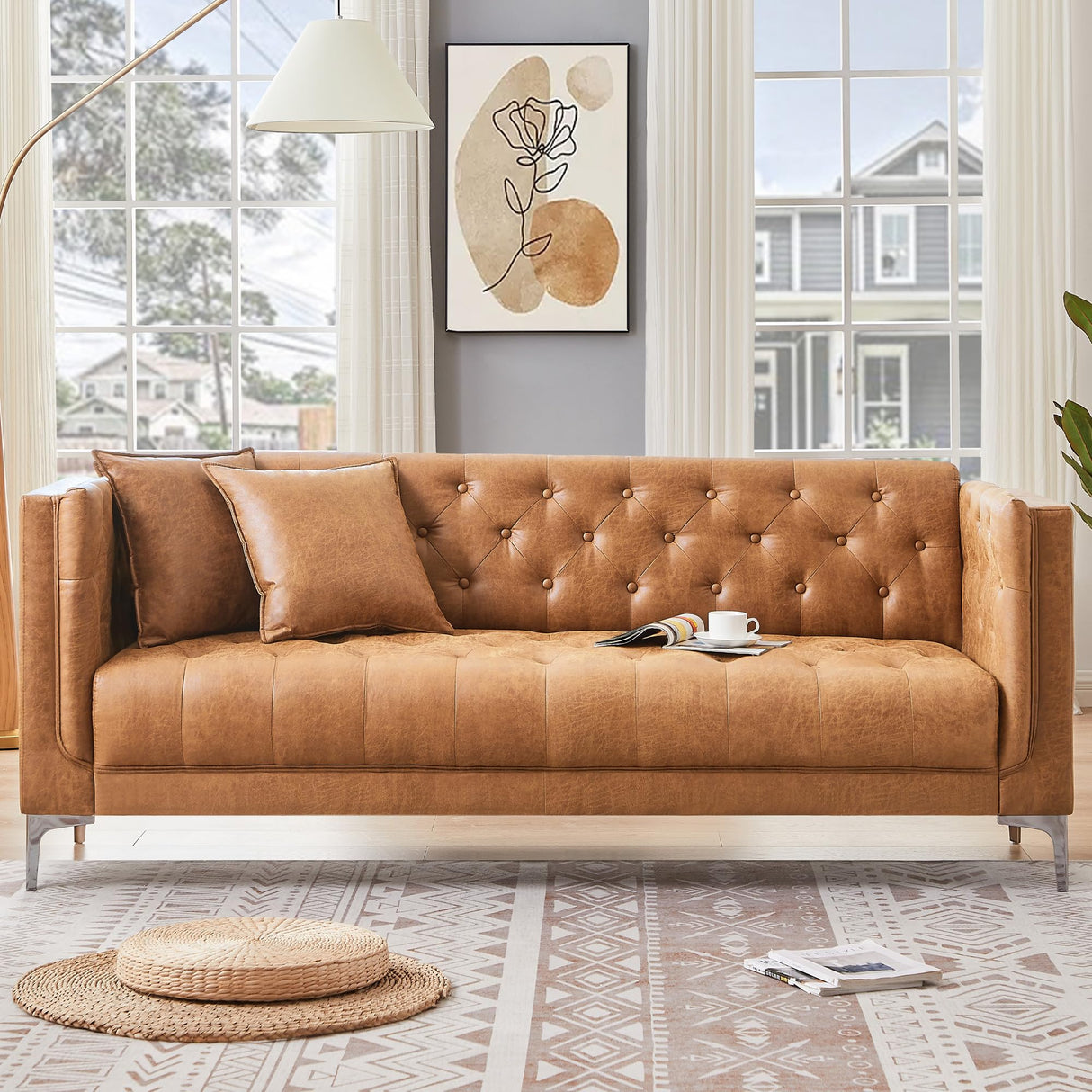 HIFIT 79'' Modern Sofa Couches for Living Room, 3 Seater Sofa with Deep Seats and 2 Pillows, Handmade Button Tufted Leather Couch for Apartment | Office 79''W x 30''D x 30''H, Brown HIFIT