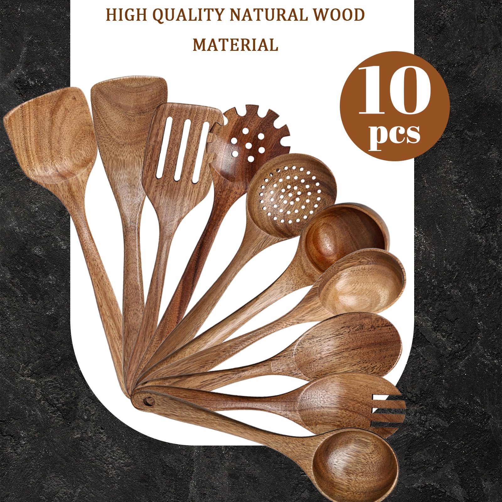 HAKSEN 10PCS Wooden Cooking Utensils, Natural Acacia Wood Kitchen Utensils Wooden Spatulas for Serving Stirring Cooking Mixing - WoodArtSupply