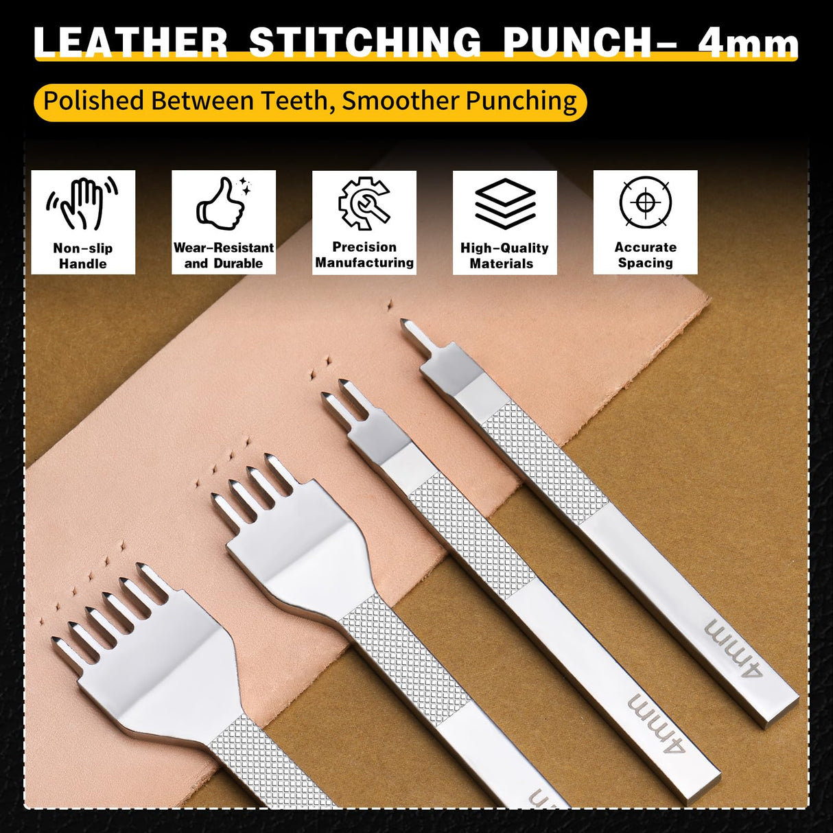 Leather Stitching Punch Leather Hole Punch Tool Set, 4mm 1/2/4/6 Prong Punch Leather Chisel, Round Leather Hole Punch for Leather Belt, Watch Band, Leather Strap DIY Leather Crafts MORFEN