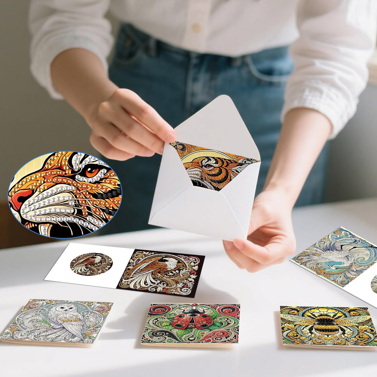6 Pack Animal Diamond Art Greeting Cards with Envelopes, DIY 5D Diamond Painting Card Kit Featuring Phoenix Owl Bee Eagle Ladybug and Tiger, Handmade Rhinestone Craft Cards for Birthday and Holiday AiYuanzsh