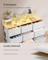 SONGMICS Dresser for Bedroom, Storage Organizer with 9 Fabric Drawers and LED Lights, Charging Station, Steel Frame, 13.2 x 44.9 x 33 Inches, Entryway, Cloud White ULTS519W01 SONGMICS