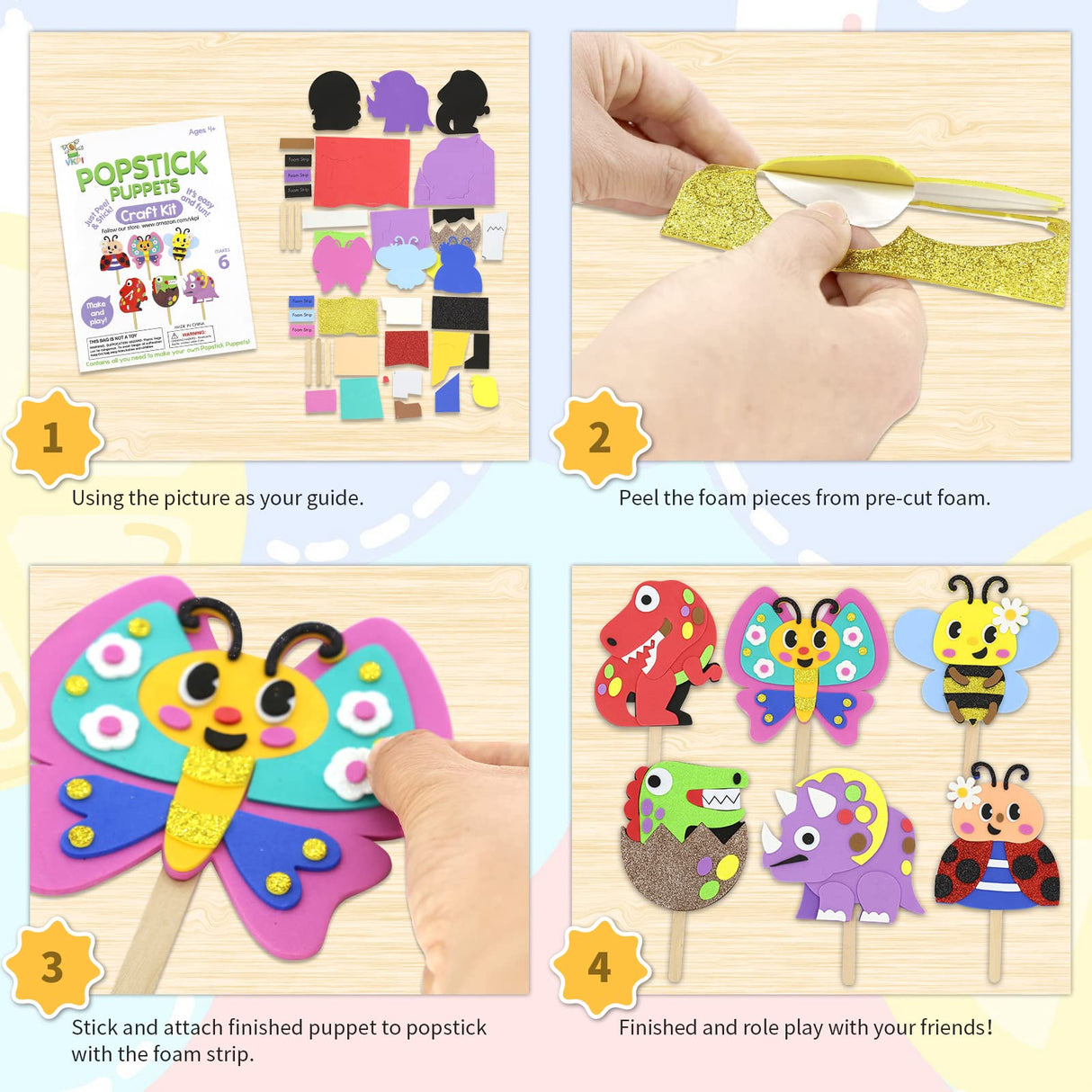 VKPI Make 6 Popstick Puppets Craft Kits for Kids, Foam Crafts, Story Time Toys for Ages 4+ Toddler, Dinosaurs, Butterfly, Preschool Projects Art Crafts, Birthday Holiday Gift VKPI