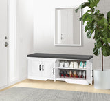 HOMSHO 2-Tier Storage Bench, Shoe Bench with Padded Seat Cushion, Entryway Bench with 4 Barn Doors, Adjustable Shelf, 13.8" D x 47.2" W x 17.7" H, for Entryway, Living Room, Bedroom, White HOMSHO