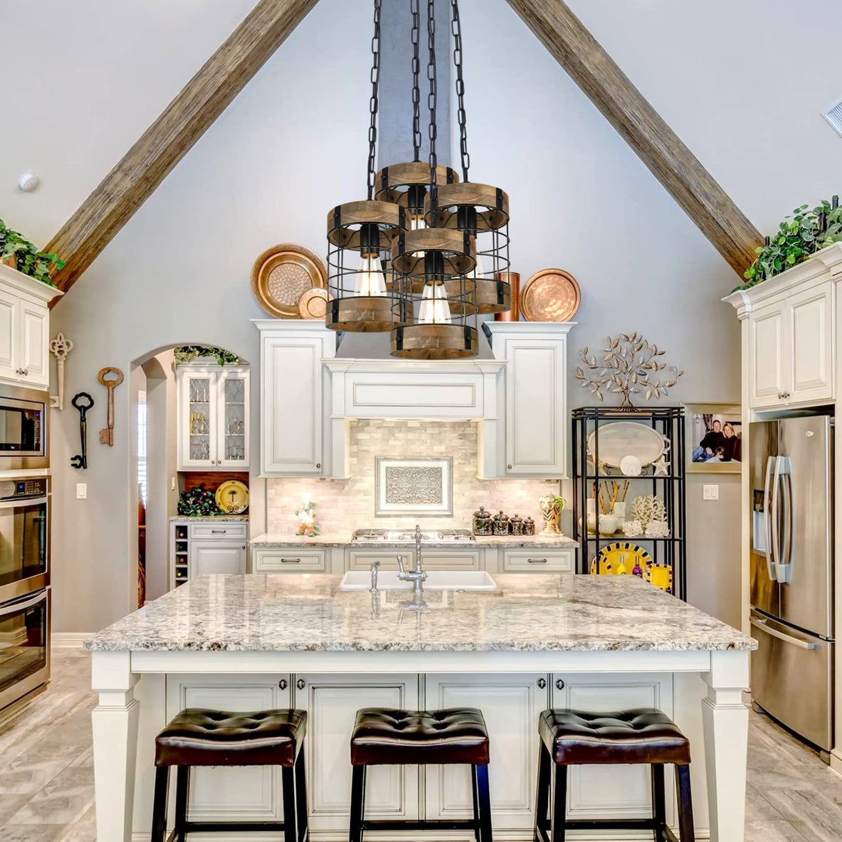 Rustic Pendant Light Fixtures, Farmhouse Kitchen Wood Hanging Lighting, Industrial Round Cage Chandelier for Entryway Hallway Dining Room Bedroom Foyer ACNKTZ