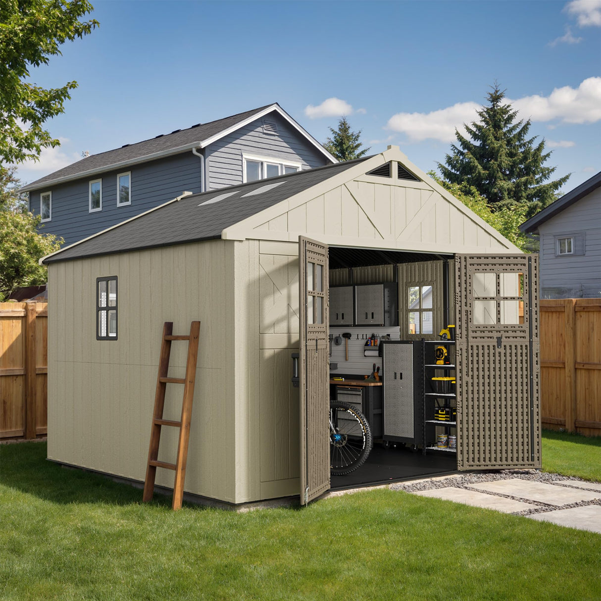 Devoko 10 x 10 FT Plastic Outdoor Storage Shed with Windows, Resin Tools Shed with Floor Large Storage Garden Shed for Patio,Garden, Backyard, Lawn, Beige Devoko