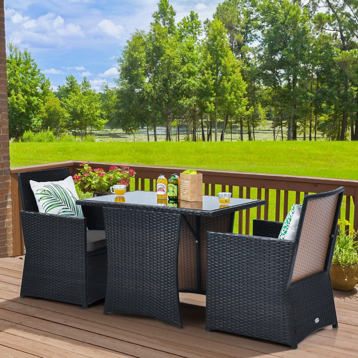 HAPPYGRILL 3 Piece Outdoor Wicker Bistro Set PE Rattan Dining Table Set with Cushioned Chairs, Patio Conversation Set for Backyard Porch Garden and Poolside HAPPYGRILL