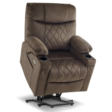 MCombo Small Size Triple Motor Power Lift Recliner Chair Sofa with Massage and Dual Heating, Adjustable Headrest for Elderly People Petite, USB Ports, Extended Footrest, Fabric 7222 (Coffee) MCombo