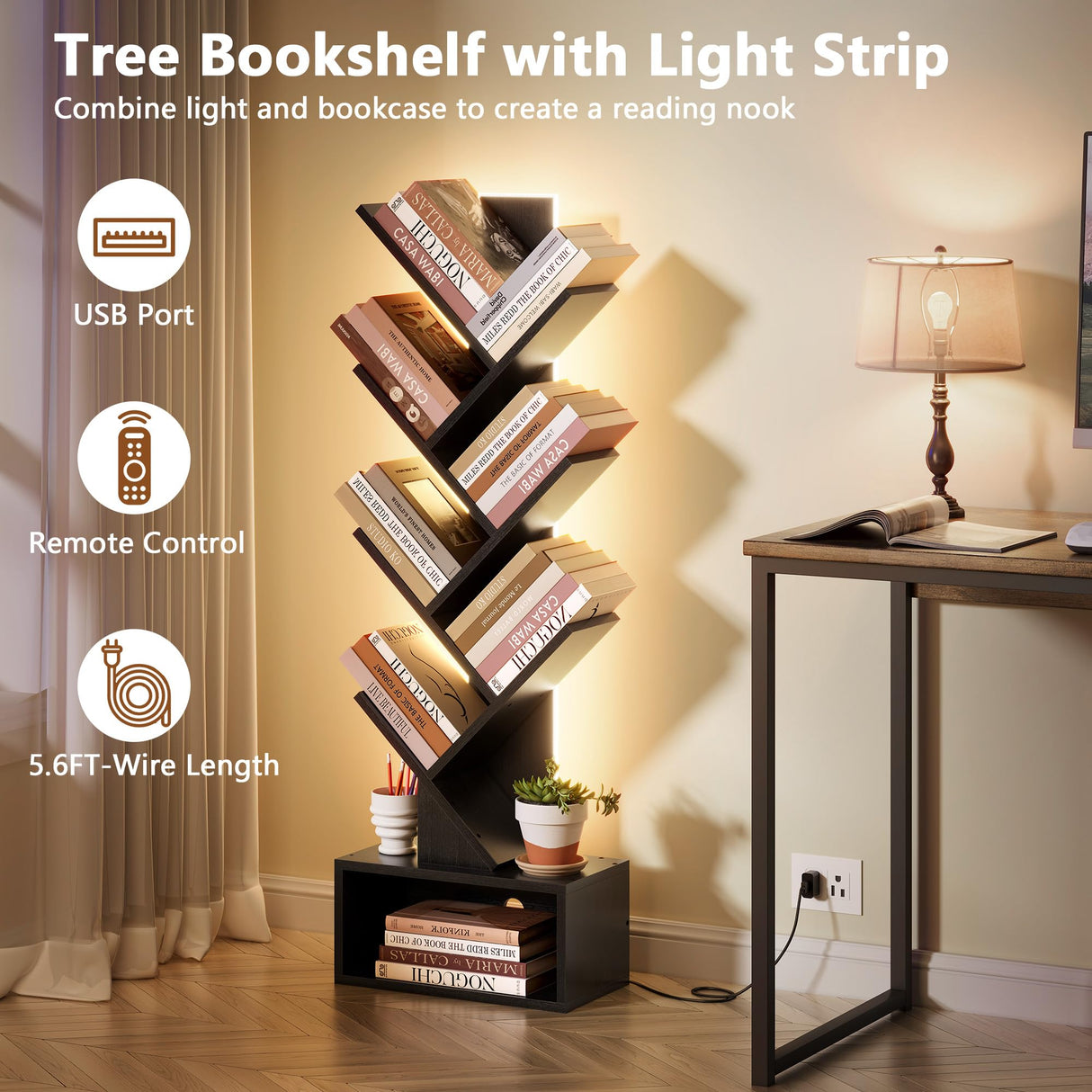 Hoctieon 6 Tier Tree Bookshelf, Tall Bookcase with Drawer, Freestanding Book Shelf with LED Lights, Display Floor Standing Storage Shelf, Book Organizer Shelves for Home Office, Living Room, Black Hoctieon