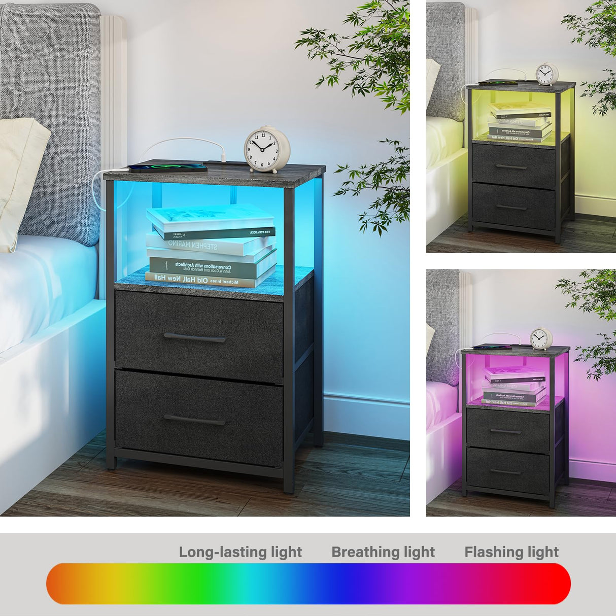 TUTOTAK LED End Table with Charging Station, Nightstand with Cloth Drawer, Side Table with 1 USB Port and 1 Type-C port, set of 2, Couch Table, Charcoal Grey TB01BY052L TUTOTAK