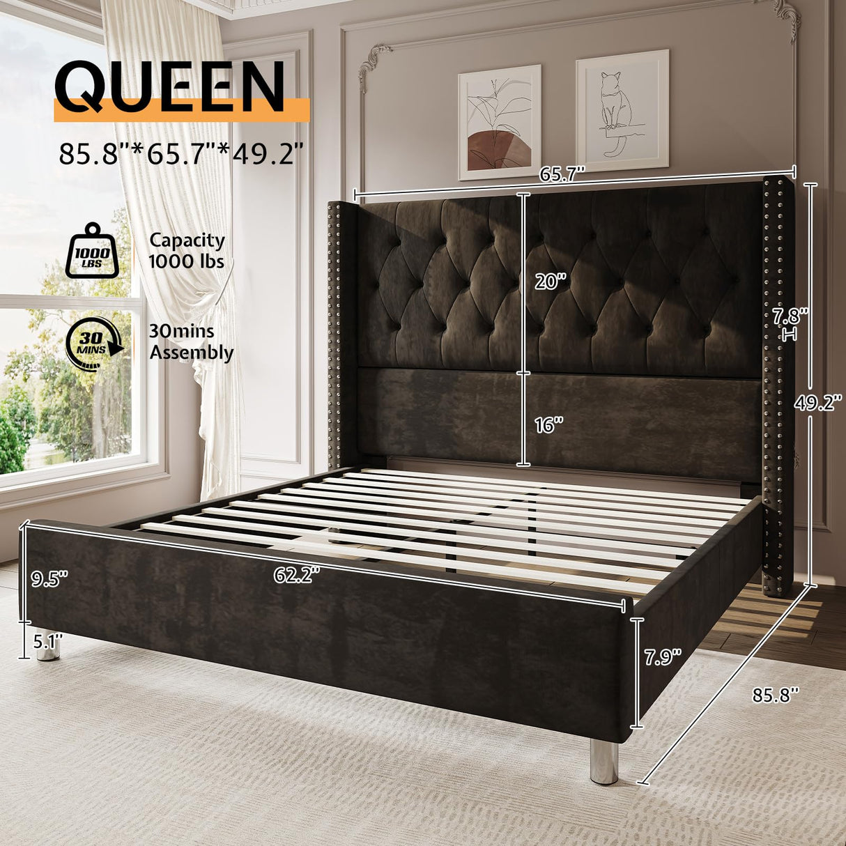 Jocisland Queen Bed Frame Upholstered Bed Wingback Headboard Velvet Tufted Diamond Button/No Box Spring Needed/Easy Assembly/Black Jocisland