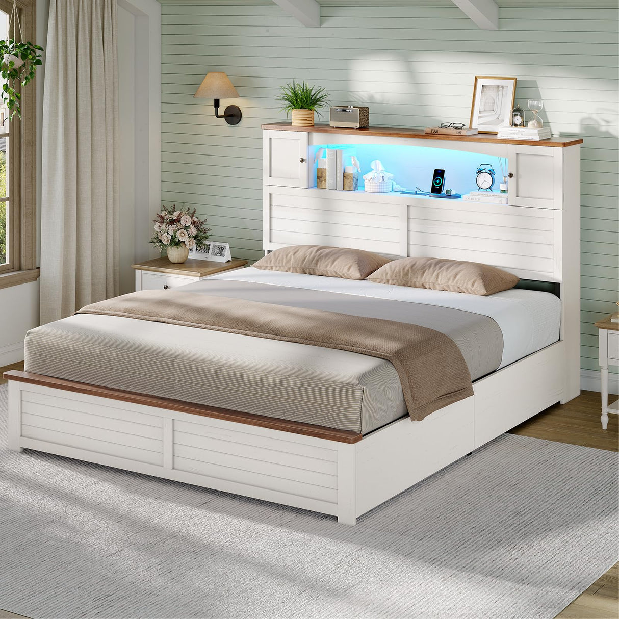 MSmask Farmhouse Queen Bed Frame with Bookcase and Storage Cabinets Headboard, Wood Platform Bed with LED Lights, Charging Station, 4 Drawers, Decoration Footboard, No Box Spring Needed, White MSmask