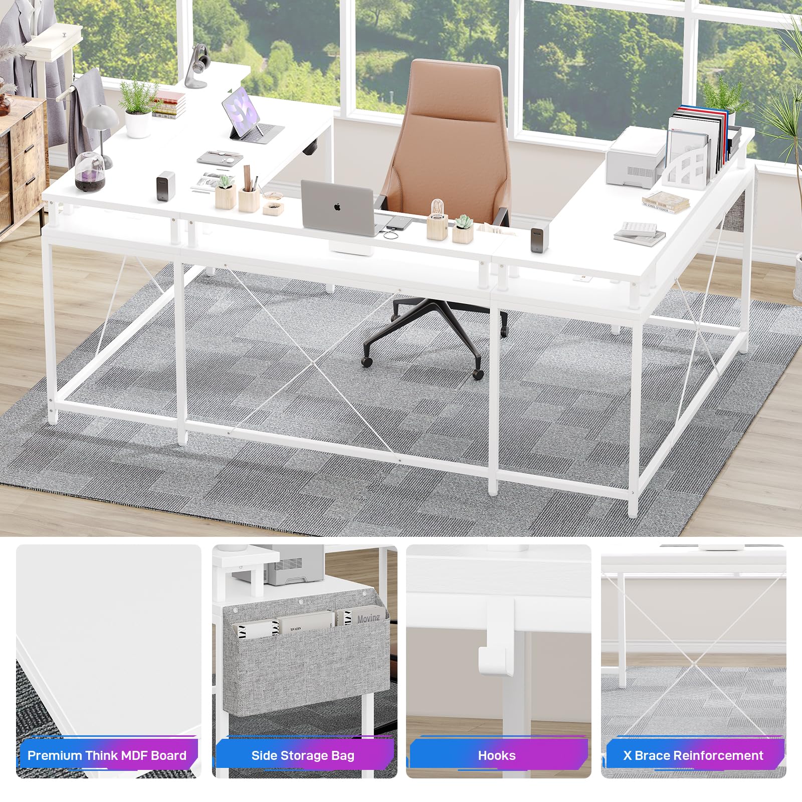 Jojoka U Shaped Computer Gaming Desk, Reversible L Shaped Desk with Power Outlets, LED Strip & Monitor Stand, Large Corner Desk with Storage Shelves for Home Office, White - WoodArtSupply