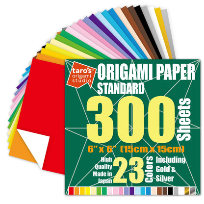 [Taro's Origami Studio] Standard 6 Inch One Sided 23 Colors 300 Sheets Square Easy Fold Premium Japanese Paper for Beginner (Gold and Silver Included)