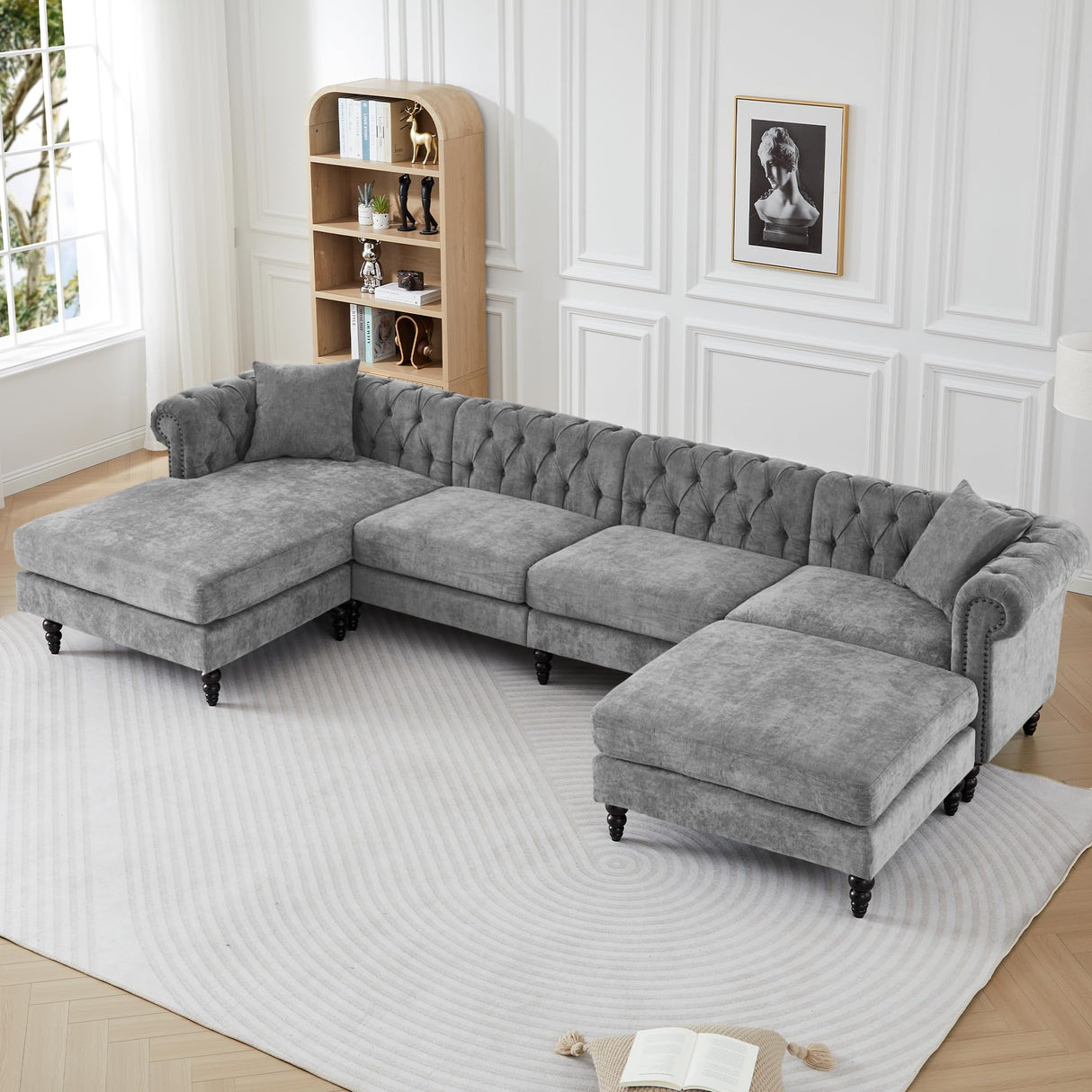 U Shaped Chesterfield Sofa, Oversized Sectional Linen Couch, Chaise Ottoman Sofa Upholstered Accent Tufted Couch with Rolled Armrest and Nailhead Design for Living Room, Office - Grey ORRD