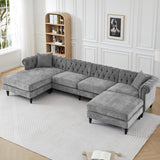 U Shaped Chesterfield Sofa, Oversized Sectional Linen Couch, Chaise Ottoman Sofa Upholstered Accent Tufted Couch with Rolled Armrest and Nailhead Design for Living Room, Office - Grey ORRD