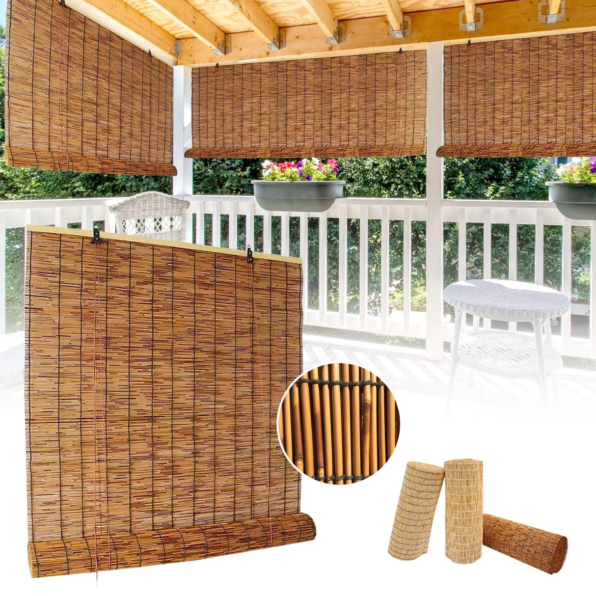 PHUSTJKL Blinds Roll Up Shade Bamboo Reed Roll Up with Lifter, Sun Protection Blackout Privacy Breathable Coffee Reed Curtains for Indoor/Outdoor, Easy to Install (Coffee-Black Line, 28x60in(WxH)) PHUSTJKL