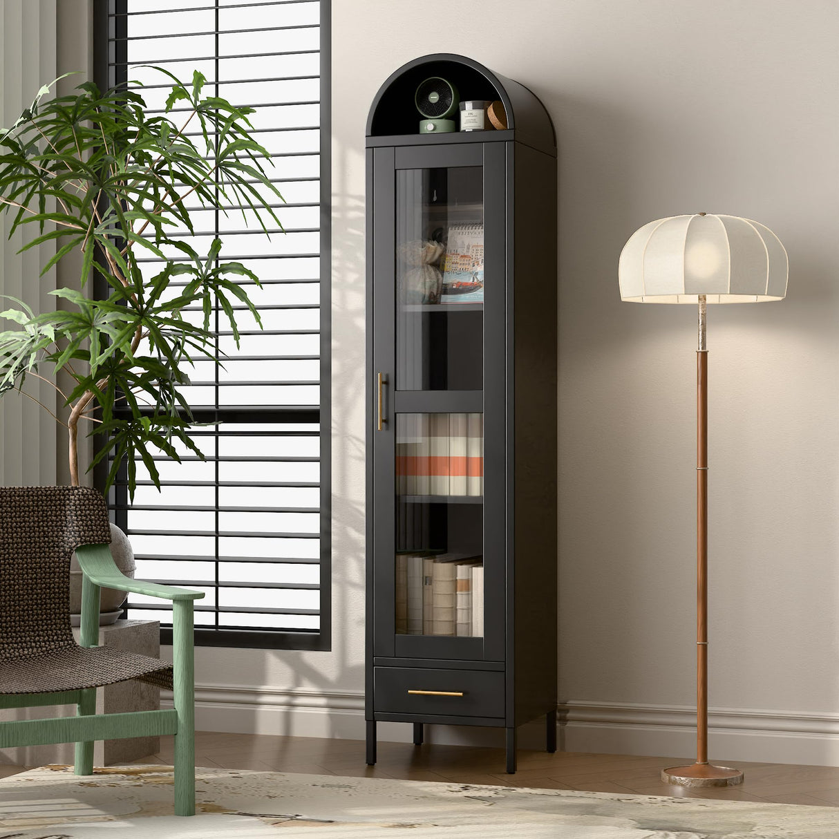 METALYEYE 73''H Metal Arched Storage Cabinet, Arch Display Bookcase Cabinet with Glass Doors & Shelves and 1Drawer for Living Room, Kitchens and Bedrooms,Office, Black, Assembly Required METALYEYE