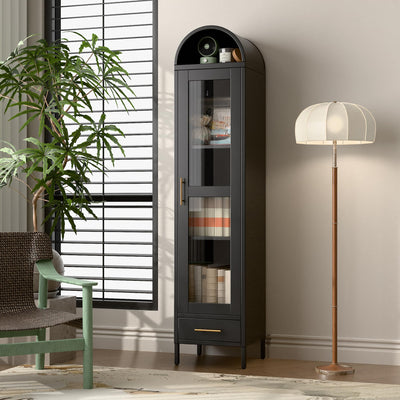 METALYEYE 73''H Metal Arched Storage Cabinet, Arch Display Bookcase Cabinet with Glass Doors & Shelves and 1Drawer for Living Room, Kitchens and Bedrooms,Office, Black, Assembly Required