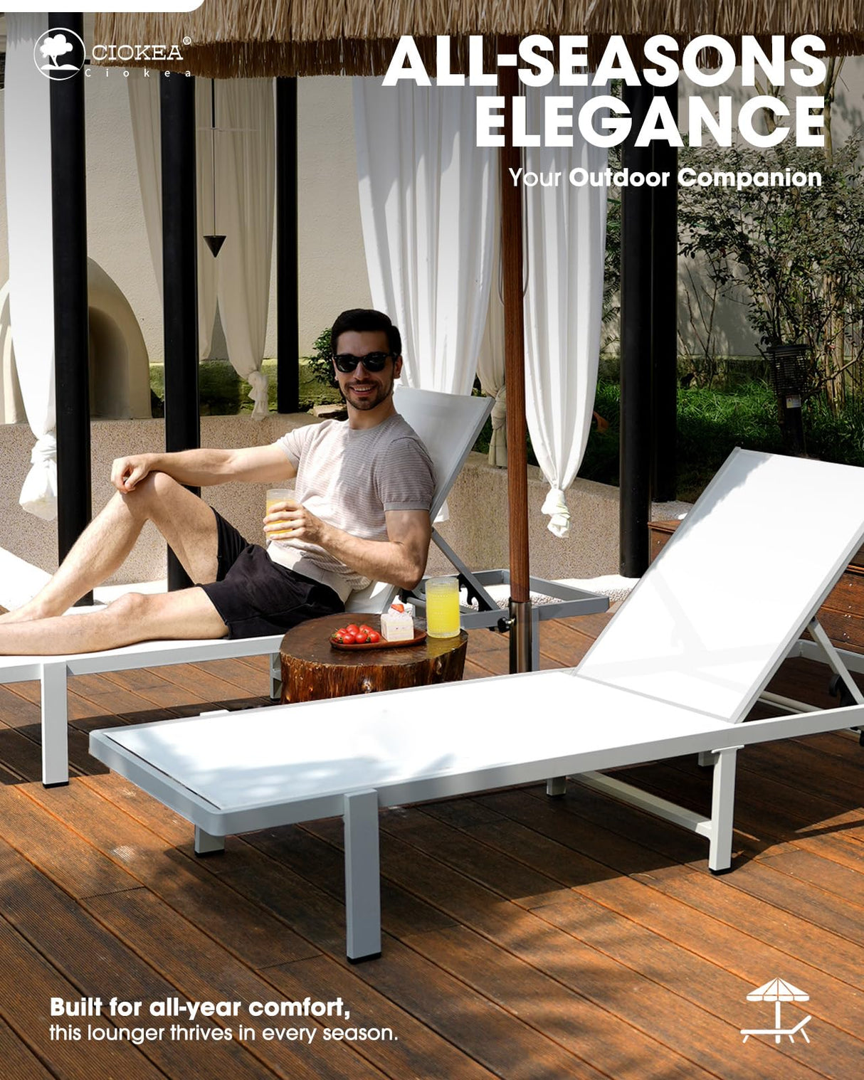 Aluminum Chaise Lounge Chair Outdoor with Wheels, Patio Lounge Chair with Adjustable 5-Position Recliner and Full Flat Tanning Chair for Patio, Beach, Pool, White Ciokea