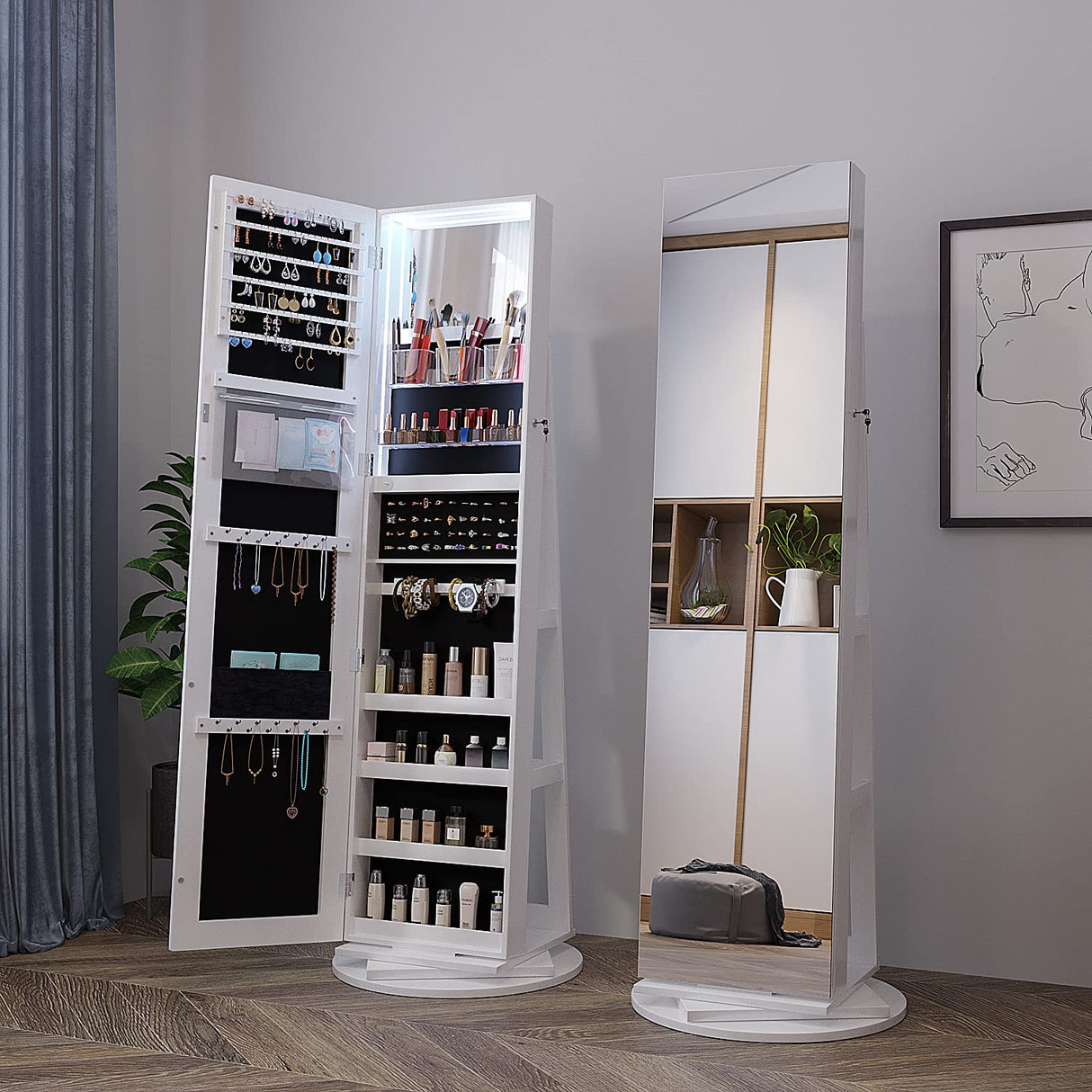 Kasibie Full Length Mirror Jewelry Armoire with LED Lights, Standing Mirror with Jewelry Storage, 360° Swivel Mirror with Storage, Jewelry Cabinet for Women Girl Gift Kasibie