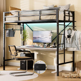 LIPIGE Loft Beds,Loft Bed Twin with Built-in Power Outlet LED Lights,Clothing Hanger Space Saving,Storage Pouch,Heavy Duty Metal Safety Guard Rail for Kids Teens Adults,No Box Spring Needed,Black LIPIGE