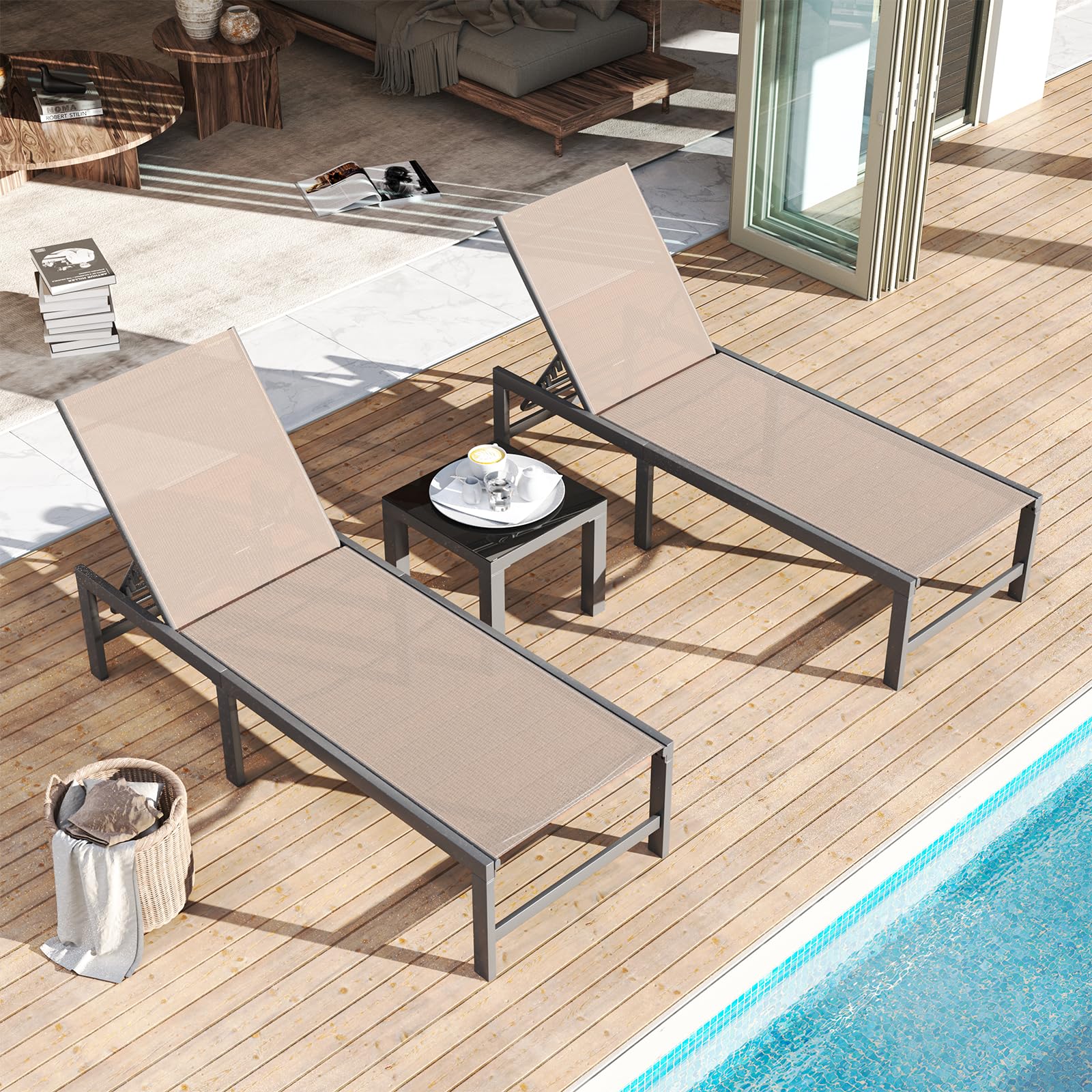 Amopatio Patio Chaise Lounge Set of 3, 24.4" Wider Outdoor Lounge Chairs with Table, Textilene Pool Chaise Lounge for Sun Tanning Lay Flat Poolside Lounger for Beach, Lawn, Brown - WoodArtSupply