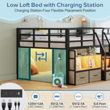 BYSAUD Twin Loft Bed, Low Loft Bed Twin with 5 Drawers, 6 Storage Bookcase & Under-Bed Play Space, Loft Beds for Kids with LED Lights & Charging Station, 15.8" H Safety Guardrails, Oak Gray BYSAUD