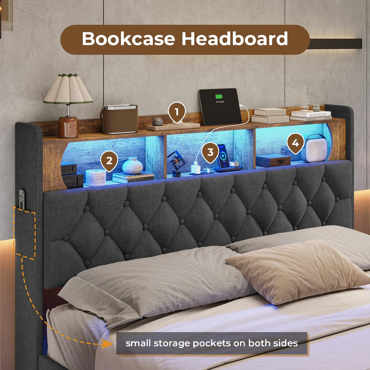 Floating Queen Bed Frame with RGB LED Headboard, USB Ports & Storage - ADORNEVE Dark Gray Upholstered Platform ADORNEVE