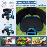 Goplus Garden Cart, Outdoor Rolling Garden Scooter W/Adjustable 360 Degree Swivel Seat, Tool Tray & Storage Basket, Extendable Handle, Yard Gardening Work Seat with Wheels, Blue Goplus