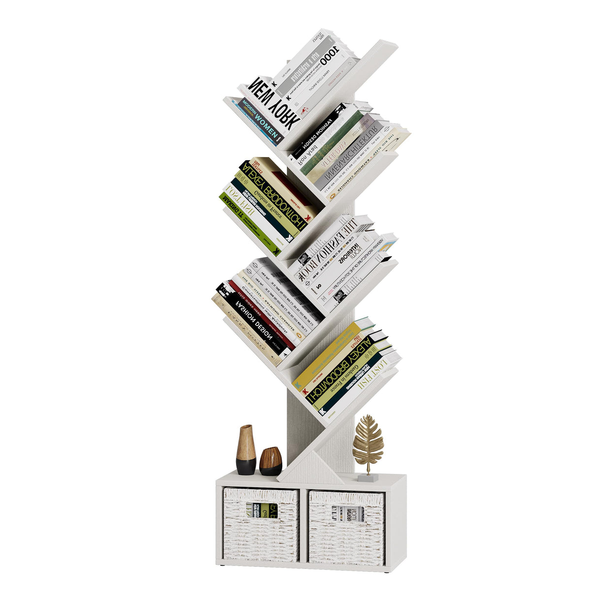 Vagusicc 6 Tier Tree Bookshelf, Tall Bookcase with Storage Cabinet, Wooden Shelves Storage Organizer for Displaying Books, Magazines, CDs, Narrow Floor Standing Book Shelf for Living Room, White