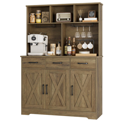 HOSTACK Buffet Cabinet with Hutch, Modern Farmhouse Kitchen Buffet Sideboard Storage Cabinet with 3 Drawers, Barn Door Coffee Bar Station, Liquor Cabinet for Dining Room, Living Room, Rustic  - WoodArtSupply