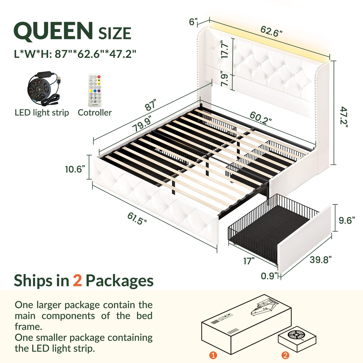 LARMACE Queen Size Bed Frame with Storage Drawers and Tufted Headboard Velvet Upholstered Platform Bed Frame with LED Light Wingback Beds with Wooden Slats Support, Easy Assembly, White LARMACE