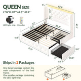 LARMACE Queen Size Bed Frame with Storage Drawers and Tufted Headboard Velvet Upholstered Platform Bed Frame with LED Light Wingback Beds with Wooden Slats Support, Easy Assembly, White LARMACE