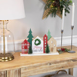 Northlight Wooden Merry Christmas Houses with Trees Decoration - 15" - Red and Green Northlight