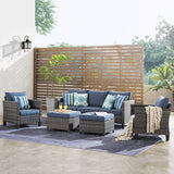 ovios Patio Furniture Set, 5 Pieces Outdoor Wicker Rattan Sofa Couch with Chairs, Ottomans and Comfy Cushions, All Weather High Back Conversation Set Garden Backyard, Denim Blue ovios
