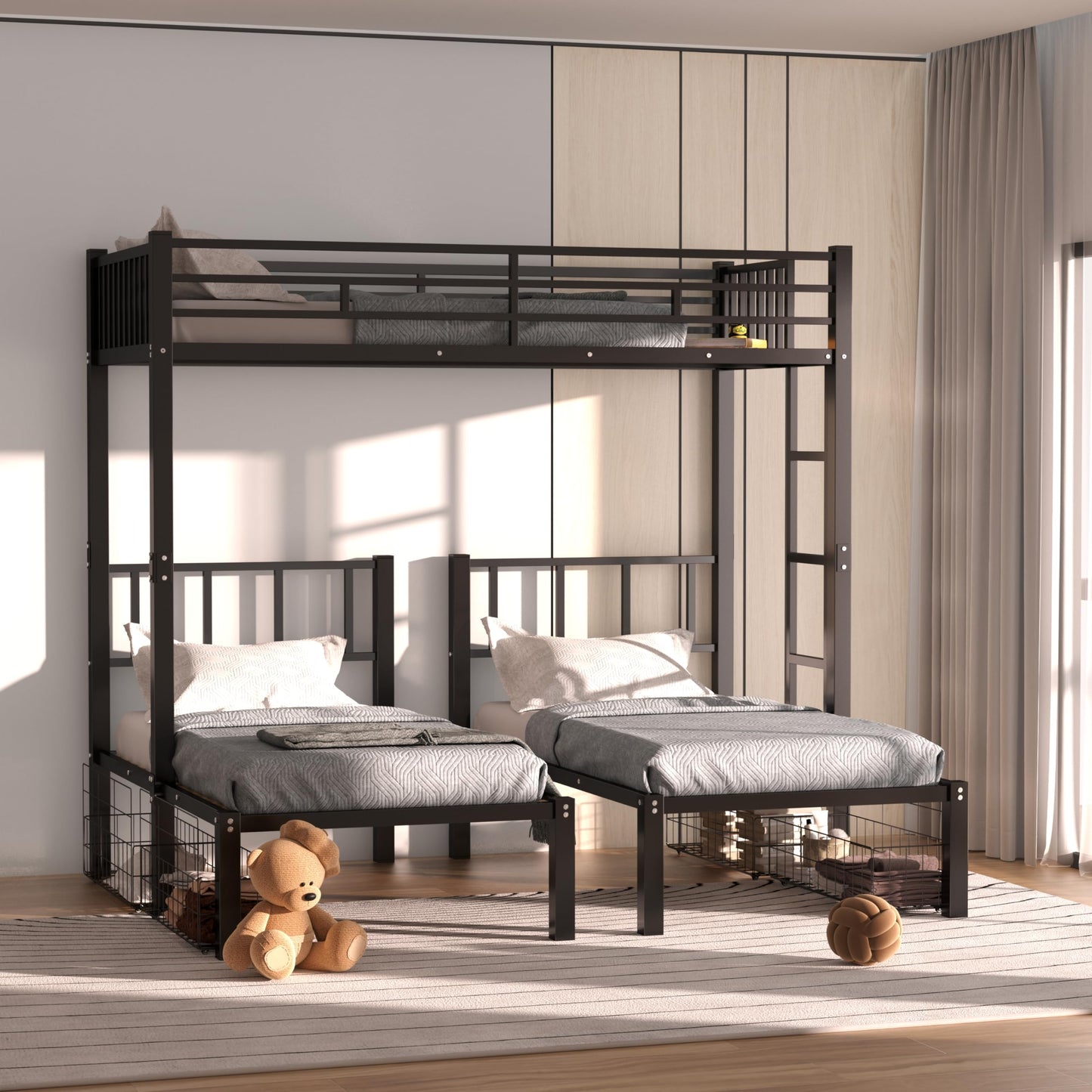 UOCFYK Twin L-Shaped Triple Bunk Bed with Drawers,Can be Divided into 3 Separate Beds w/Safety Textilene Guardrals & Ladder,Space Saving Design for 3 Kids & Teens, No Box Spring Needed, Black